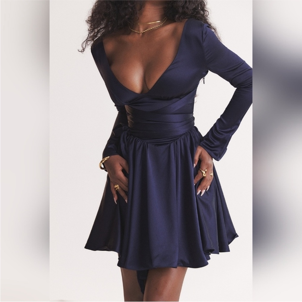 House of CB Dominique Crossover Strap Plunge Spruce Blue Mini Dress Size XS - Picture 2 of 8